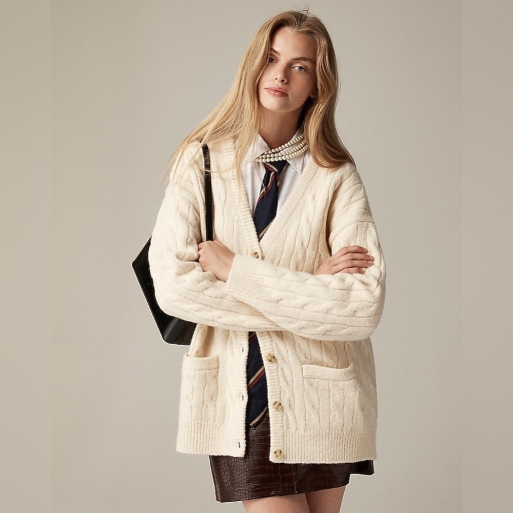 NWT J.Crew Relaxed Cable-Knit Cardigan Sweater in Honey Brown